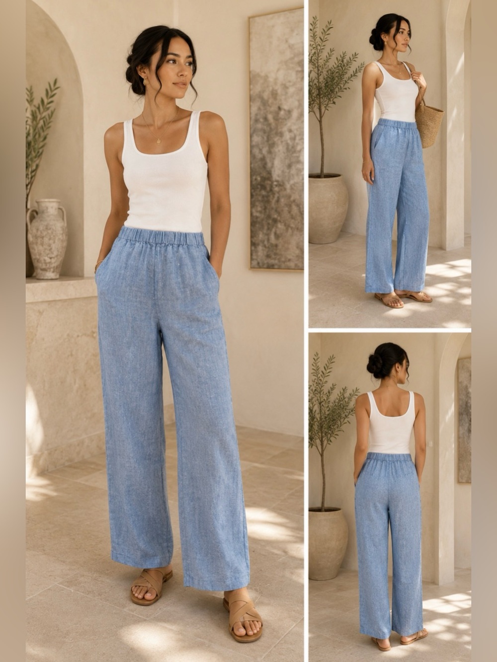 Soft Surroundings 100% linen chambray blue wide leg pants small
